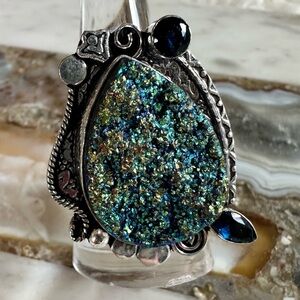 2127 Artisan Silver and Iridescent Blue Druzy Gemstone Ring